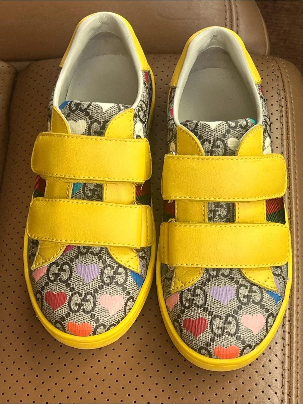 Gucci Kids Yellow Velcro Sneakers with Multicolor Heart Print